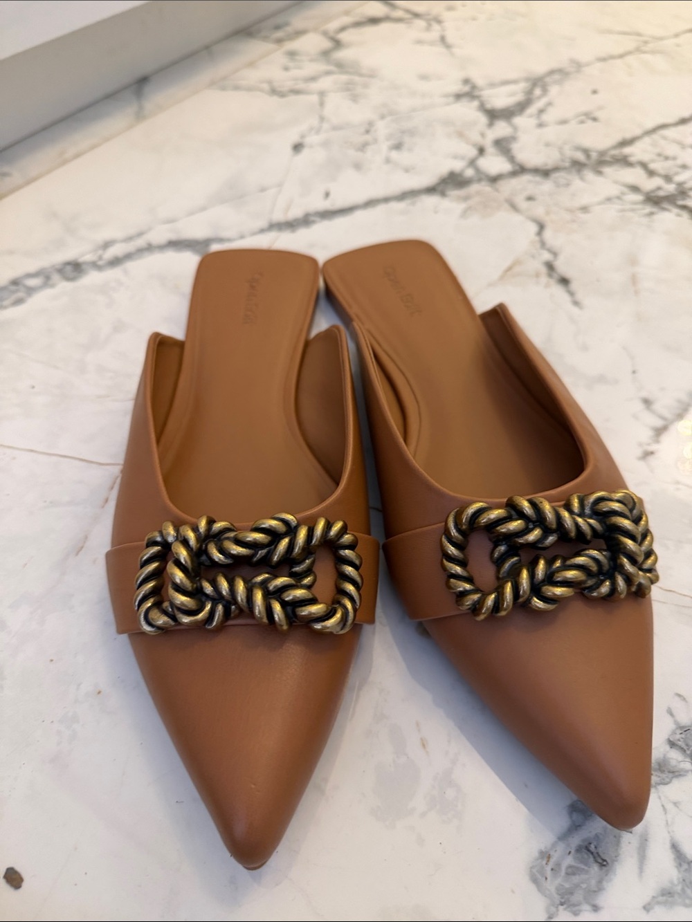 Pointed Toe Tan Slip-On Flats with Decorative Rope-Style Metal Accent